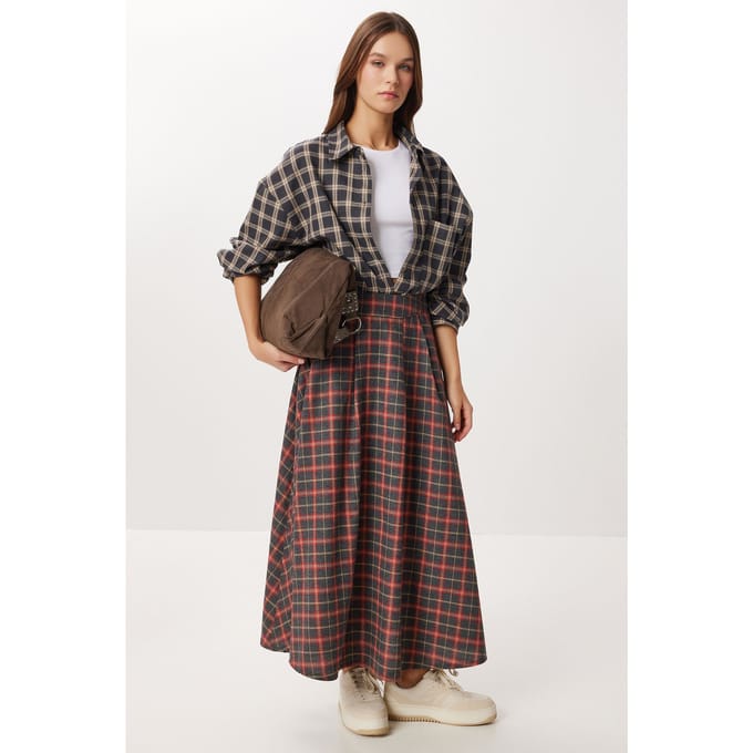 Geruite Hoge Taille Plissé Midi Rok