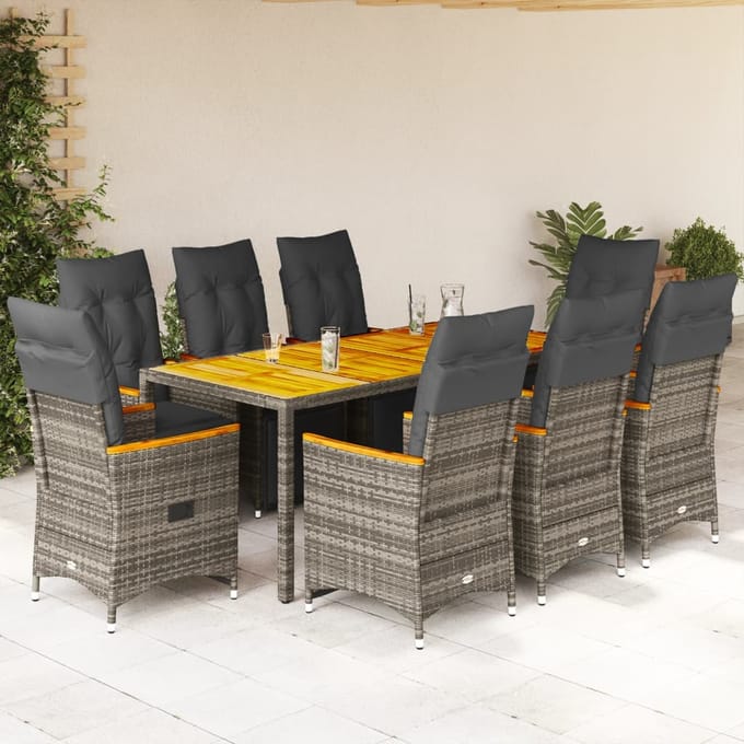 vidaXL - 9-delige - Bistroset - met - kussens - poly - rattan - grijs