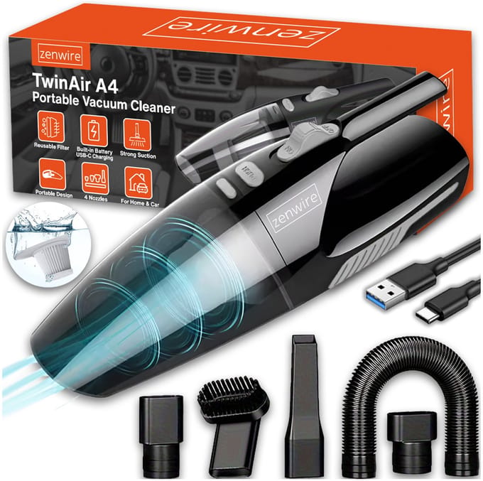 Zenwire TwinAir A4 Draadloze Handstofzuiger - 9000 Pa - USB-C - HEPA