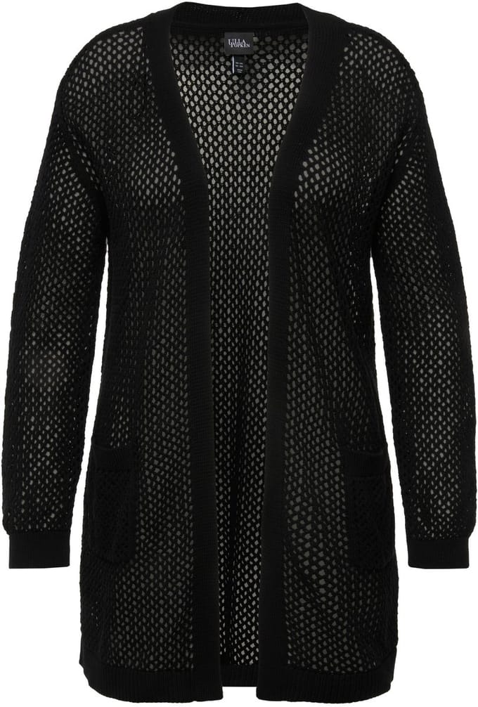 Ulla Popken - Dames - Lang vest mesh-look open model V-hals - Zwart - Maat 46+