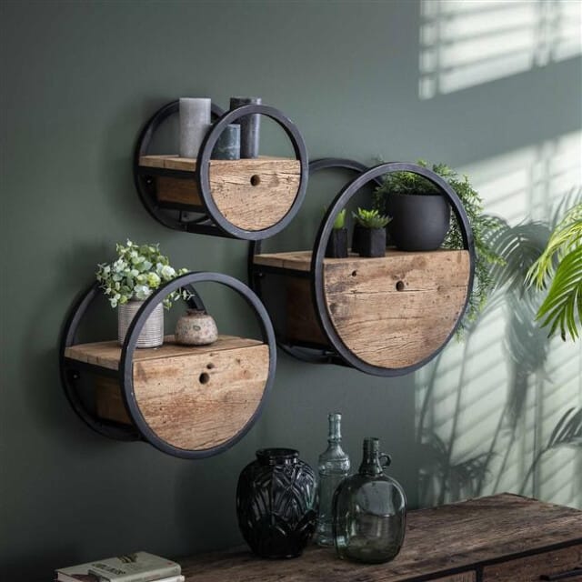 Hoyz - Wandschap Circular - Ø30 - Met Lade - Hout - Bruin