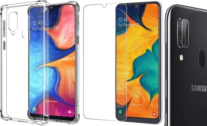 Hoesje geschikt voor Samsung Galaxy A30 - Screenprotector Glas & Camera Screen Protector - Transparant Shock Case