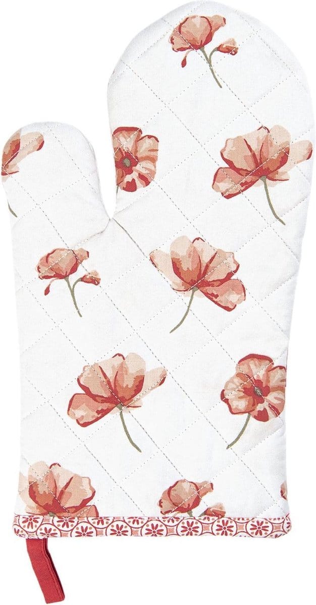 Clayre & Eef Ovenwant 16x30 cm Wit Rood Katoen Klaproos Ovenhandschoen