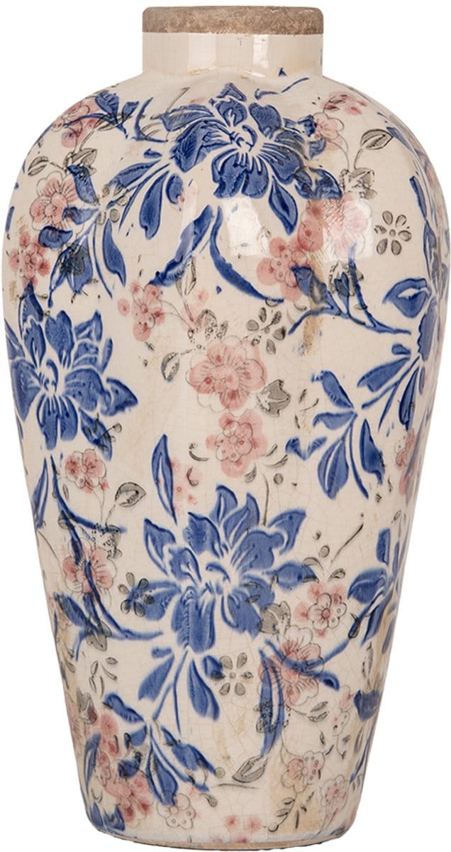 Clayre & Eef Vaas Ø 17x30 cm Beige Blauw Keramiek Bloemen