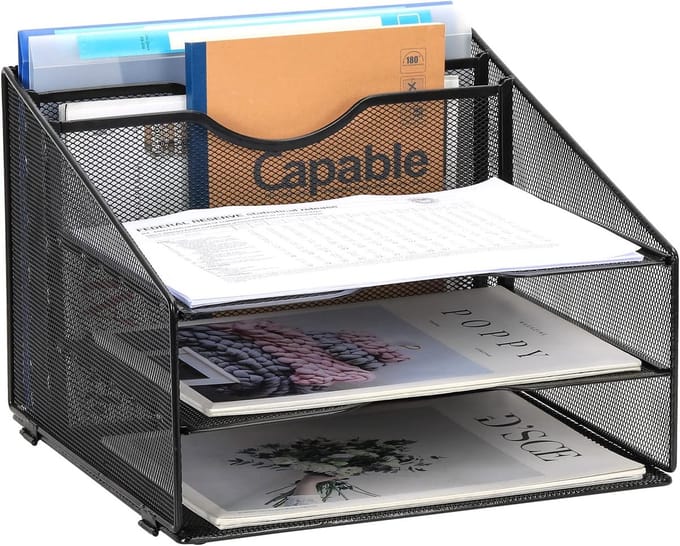 Bureau-organizer A4 5 compartimenten metaal gaas, tijdschriftlade, brievenbakje, documenthouder voor thuis & kantoor, zwart
