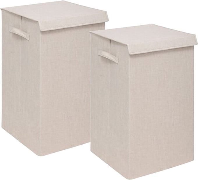 5Five Eureka sorteer wasmand - 2x - 74 liter - beige - 37 x 37 x 60 cm - MDF/Polyester stof - met afsluitklep