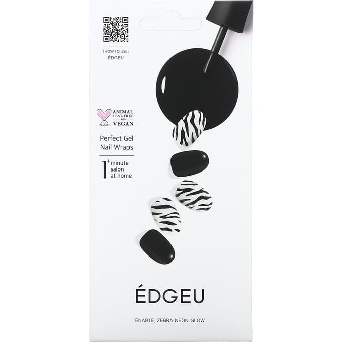 Edgeu, Perfect Gel Nail Wraps, ENA918, Zebra Neon Glow, lot de 16 bandes black