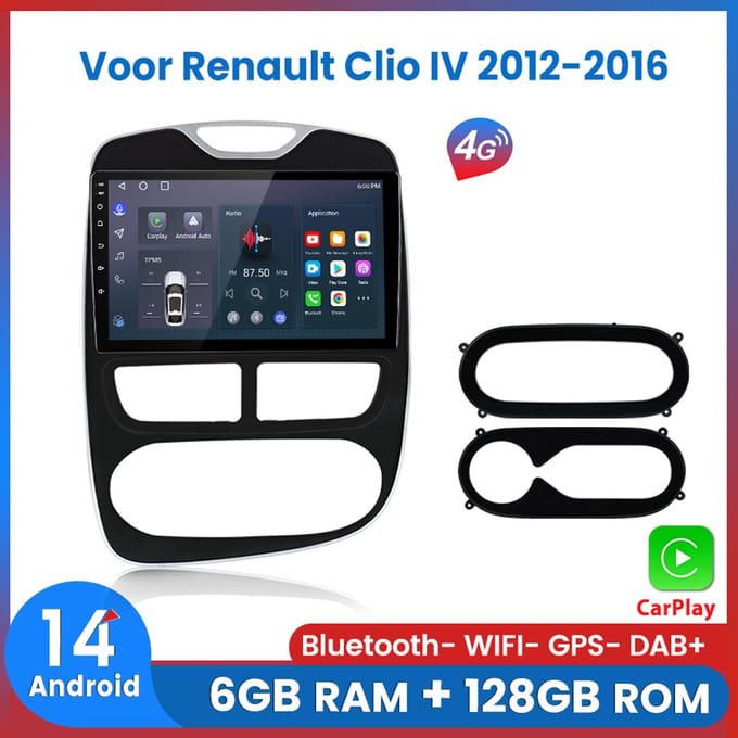 Awesafe Carplay Autoradio Geschikt voor Renault Clio 4 2012-2016 - Android 14 - Draadloos Apple Carplay & Android Auto - 6GB + 128GB - 8-Core processor - Bluetooth & Wifi - GPS Navigatie