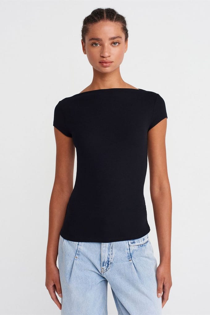 Dames Geribbelde Bootneck Slim Fit T-shirt