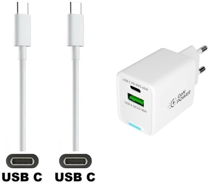 OneOne 45W super snellader met 2 poorten en screenprotector van glas voor iPhone 16e + 0,5m sterke USB C naar C kabel. Witte PD PPS lader. GaN oplader adapter. Screenprotector past op Apple iPhone 16e, iPhone 17e