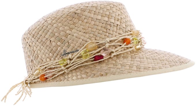 Herman pet van natuurlijk stro, afgewerkt met een raffia bandje en kralen.