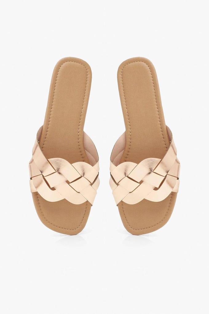 boohoo Dames Wide Fit Geweven Band Sliders | Rose Gold | Maat: 3