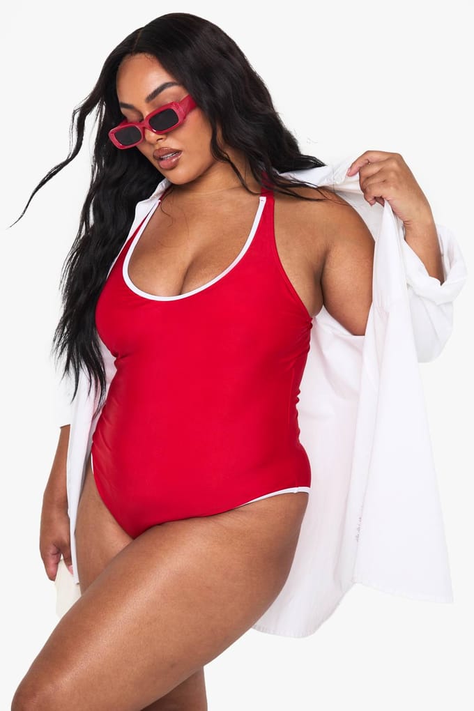 boohoo Dames Plus Contrast Binding Badpak | Red | Maat: 28