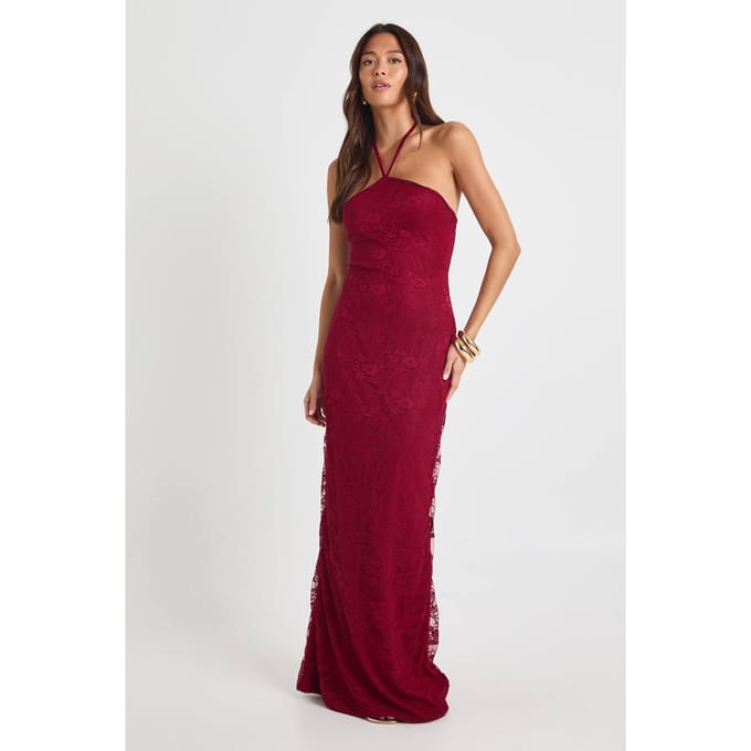 boohoo Dames Kanten halternek maxi-kolomjurk | Bordeaux Rood | Maat: 42