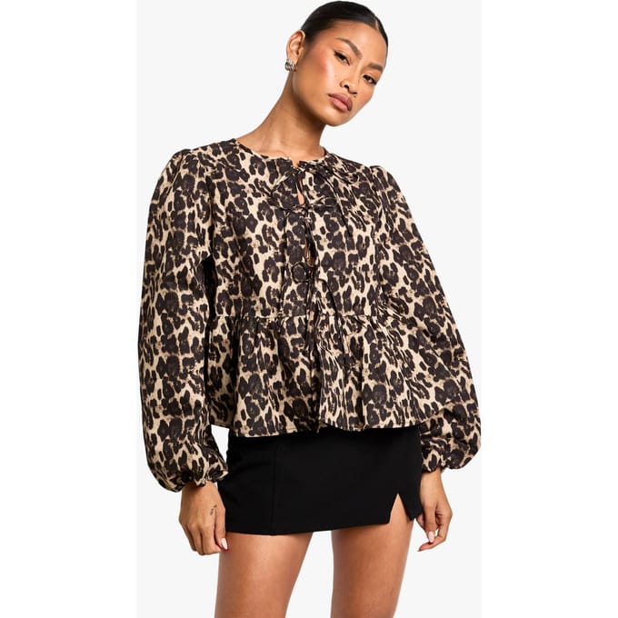 boohoo Dames Leopard tie-front smock top met puffmouwen en lange mouwen | Maat: 6