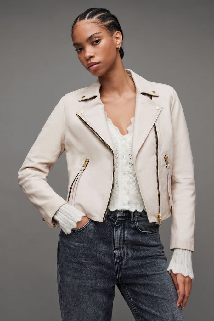 AllSaints Dalby Biker Ivory White Maat: 8 | Leren Jassen Outlet | Dames | Wit