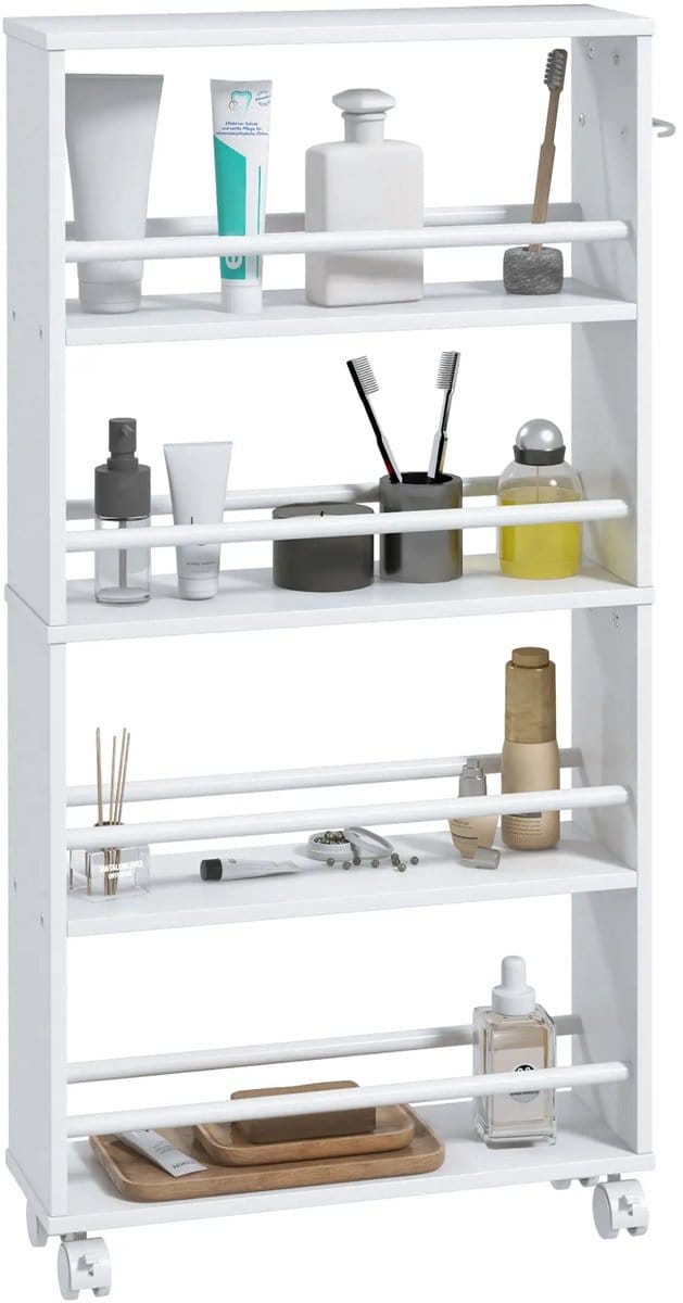 Pugsdrly Multifunctionele plank met wieltjes, smal ontwerp, 4 vakken, 45x15x91 cm, wit