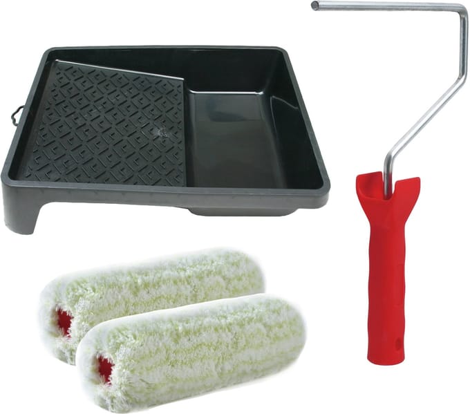 Sorex pluisvrije verfrollers schilderen set - met beugel en verfbak - 2x anti spat vacht rollers - breedte 18 cm - dikte 9 cm