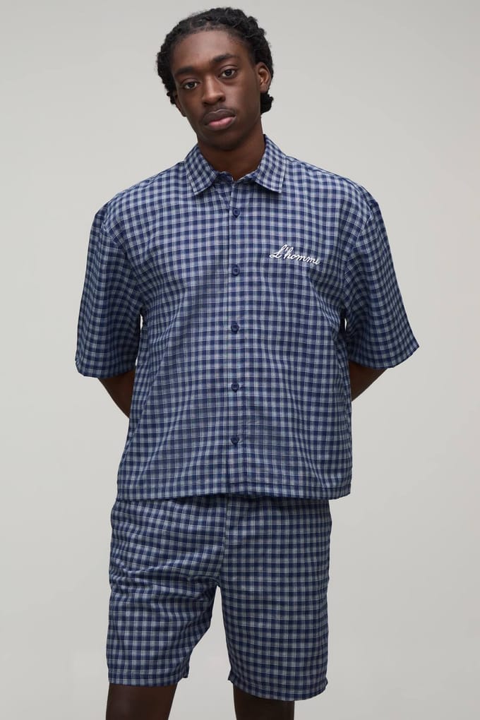 Embroidered Micro Check Boxy Oversized Shirt & Short Set | Navy | Size Small