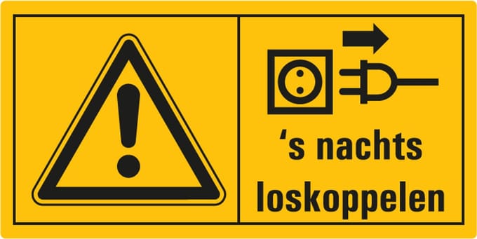 Combinatie-etiket waarschuwing, 's nachts loskoppelen 35 x 70 mm - staand