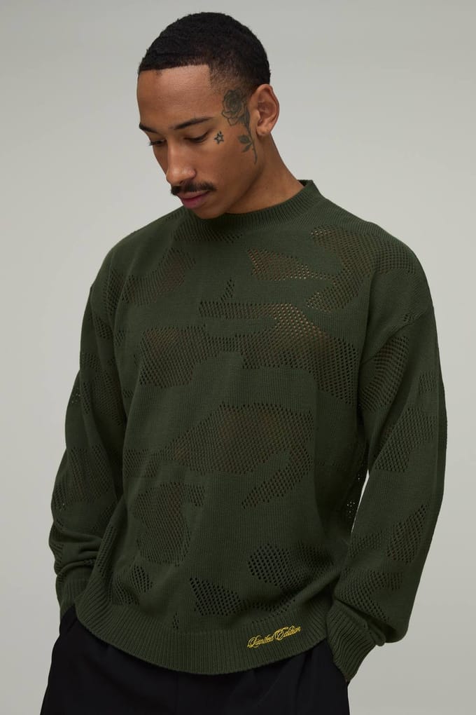 Gebreid T-shirt Met Ontspannen Pasvorm En Camo Jacquardpatroon | Olive | Size Medium