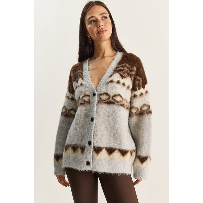 Dikke Etnische Patroon V-hals Cardigan met Knopen
