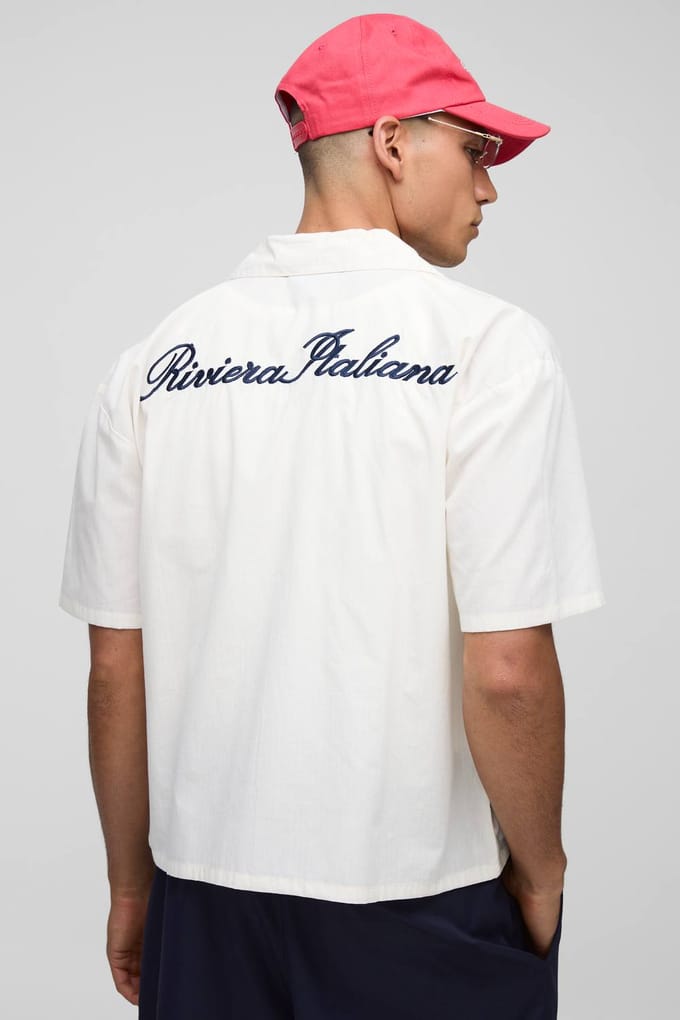 Oversized Boxy Stripe Riviera Italiana Embroidered Revere Shirt | Ecru | Size Medium