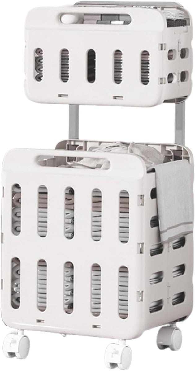 Opvouwbare Wasbox - Kledingmand Wielen - Ordelijk Huis - Dubbele Laag - 47 x 41 x 14 cm - Wit