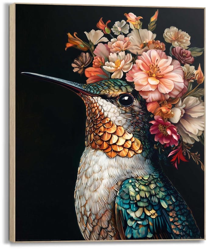 Schilderij Kolibrie met bloemenkroon - 40 x 50 - Hout - REINDERS