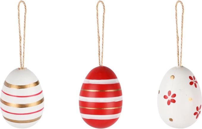 Dekoratief | Box 6 hangers eitjes, rood/wit, pvc, 11x11x4cm | A250299
