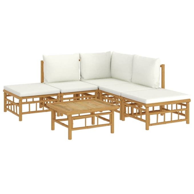 vidaXL - 6-delige - Loungeset - met - kussens - bamboe - crèmewit