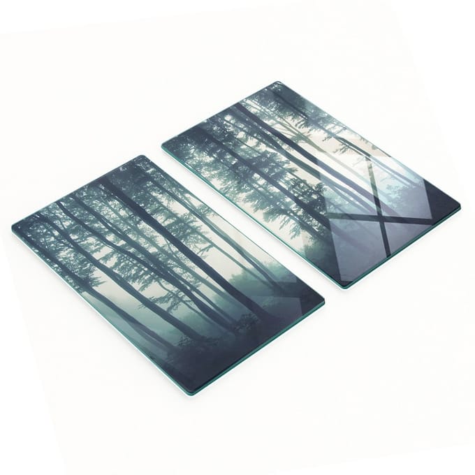 Set van twee decoratieve glazen keukenplanken, bos in de mist, 2x30x52 cm