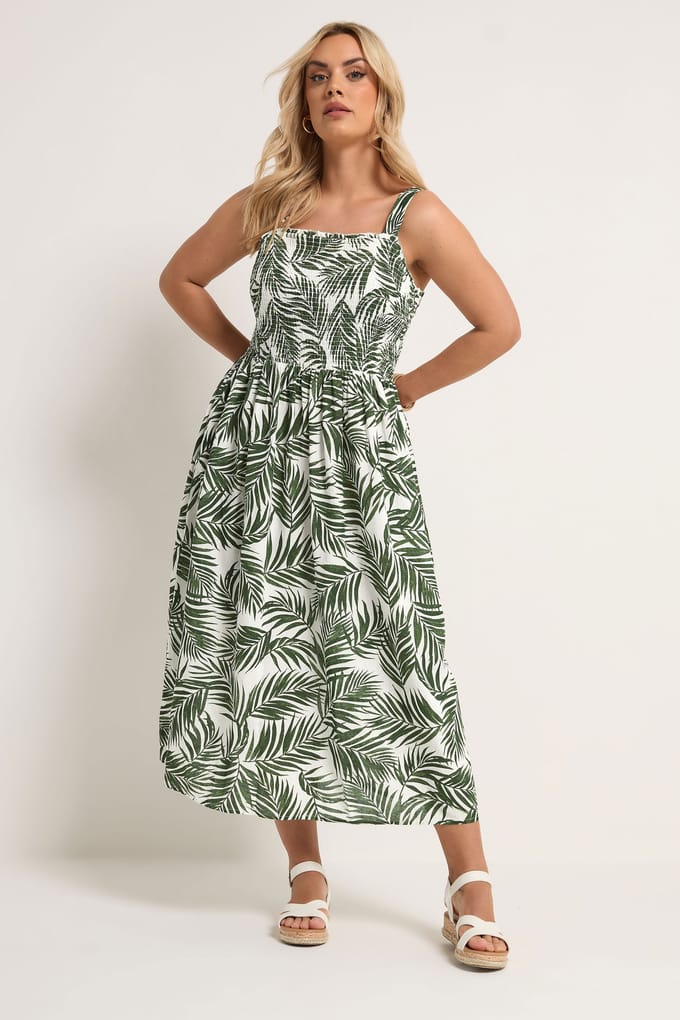 Yours Groene Linnen Maxijurk Met Smokwerk En Palmbladprint Size 58-60