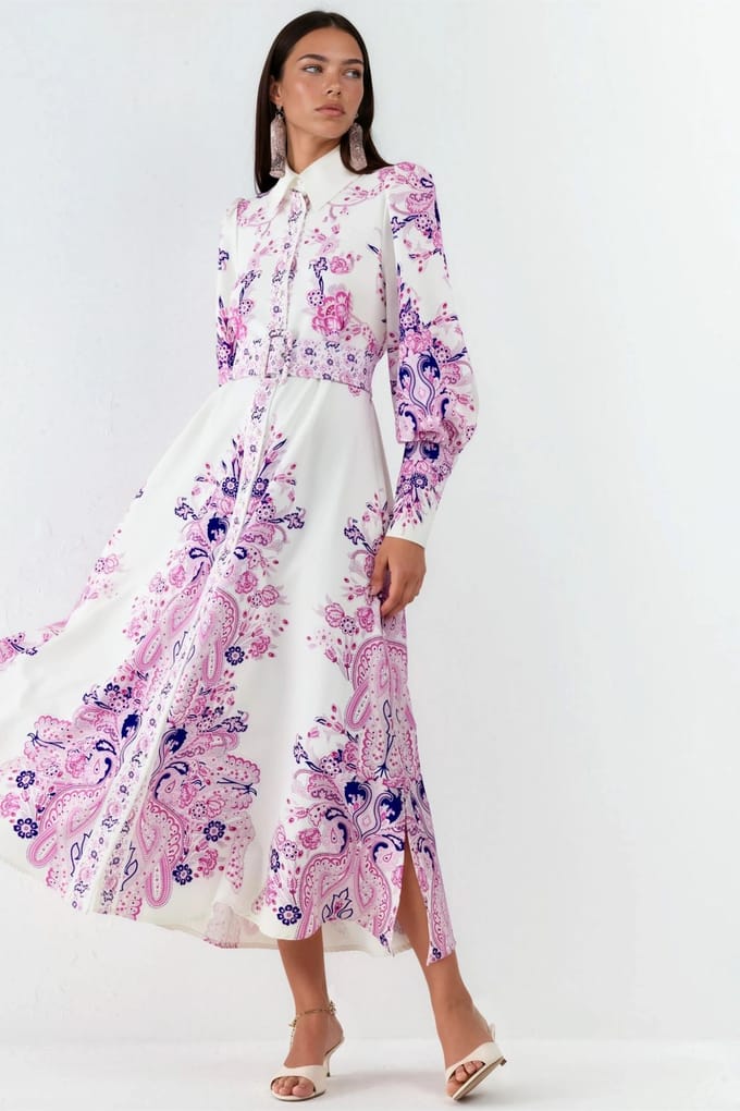 Paisley Print A-Lijn Maxi Jurk met Overhemdkraag