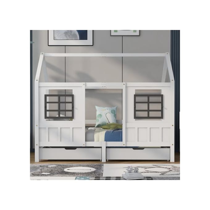 Lit de maison - MUVOE - 200 x 90 cm - 2 tiroirs - Fenêtres décoratives - Protection anti-chute blanc