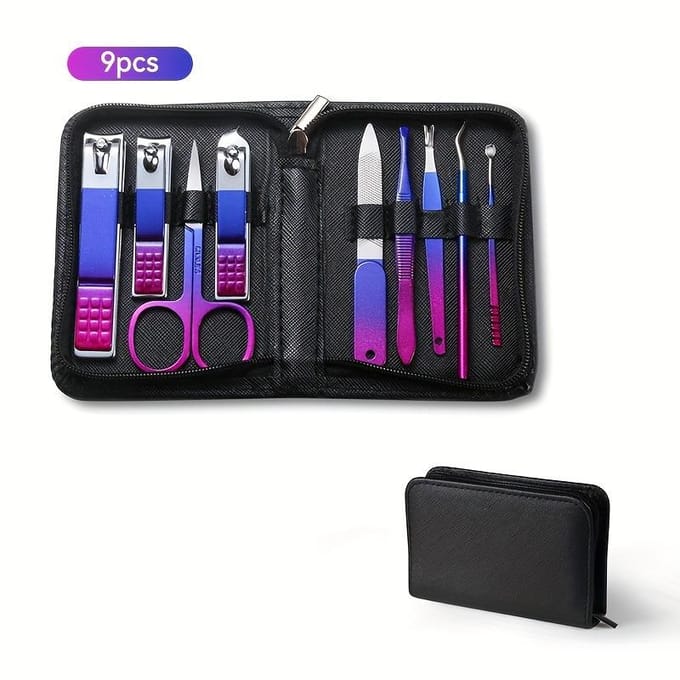 Ensemble de 9 coupe-ongles, Outils de soin des ongles en acier inoxydable, Kit de ciseaux à ongles, Avec pochette zippée 9pcs/set black