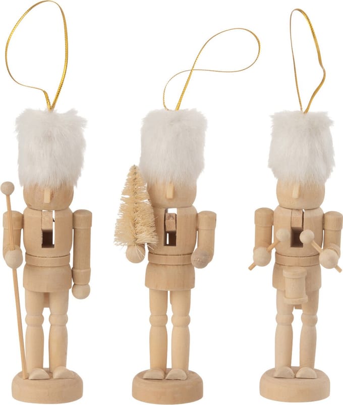 J-Line kersthanger Notenkrakers - hout/bont - naturel/wit - doos van 3