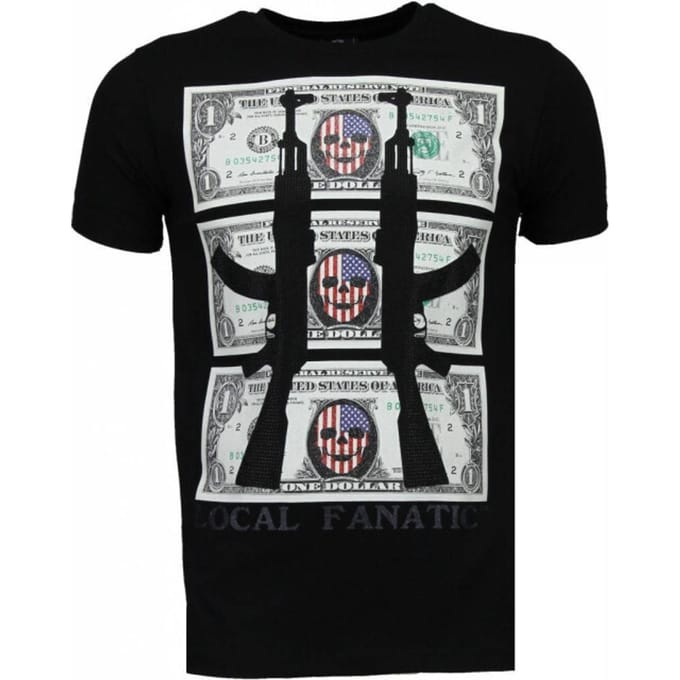 AK-47 Dollar - Rhinestone T-shirt - Zwart