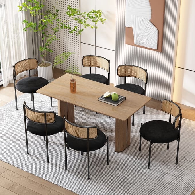 REDOM Eetkamerstoel Set Van 6 - Gebogen Rugleuning En Rattan Rug - Modern - Eethoek - Fluweel - Zwart