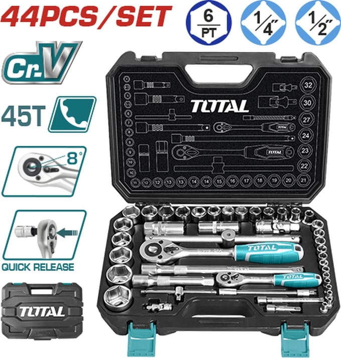 Total Tools doppenset 1/4 en 1/2 inch – 44-delig – combiset in koffer