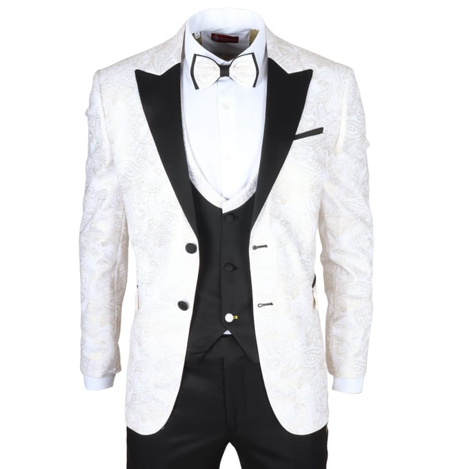Heren 4-delige Witte Paisley Trouwrroch Tailor Fit