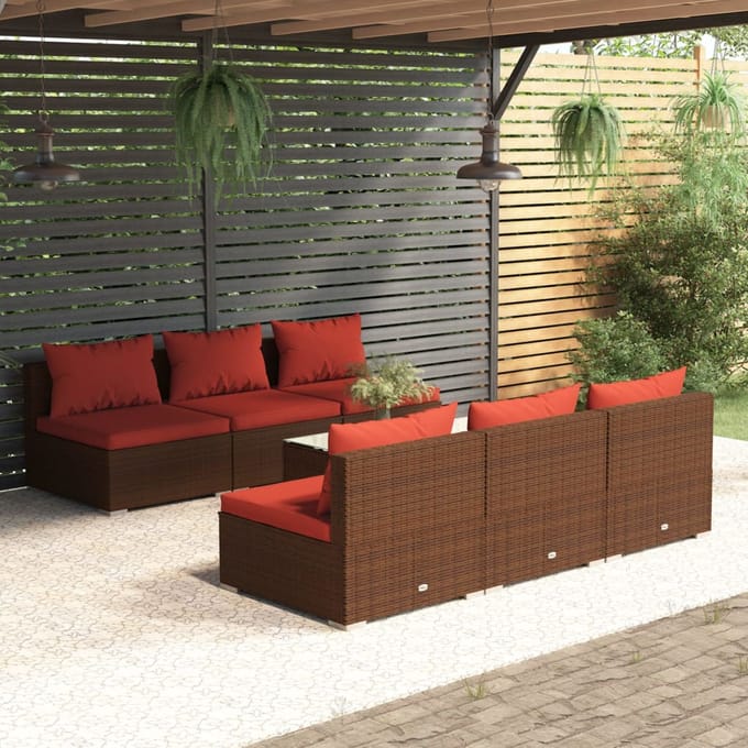 vidaXL - 7-delige - Loungeset - met - kussens - poly - rattan - bruin
