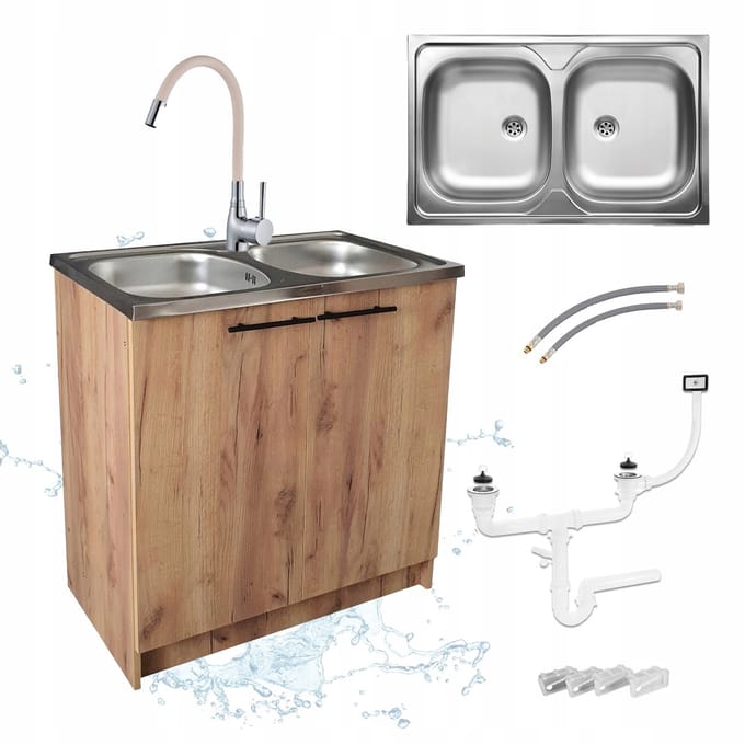 STAMAR - Keukenonderkast 80 cm met 2-baks RVS spoelbak, keukenkraan en sifon - goud eikenlook