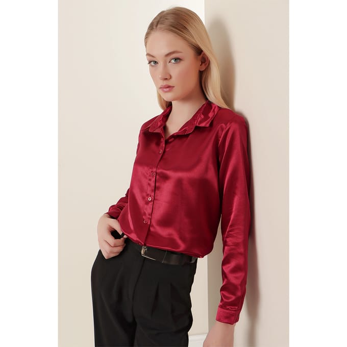 Satin Lange Mouw Knop-Up Shirt