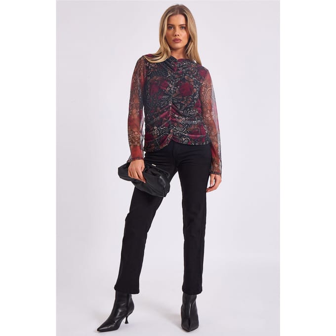 Top met meshprint en gerimpelde voorkant