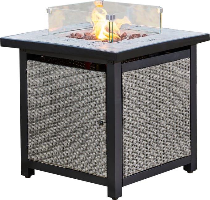Teamson Home Vierkant Rotan Gas Vuurtafel - Met Windscherm, Lavastenen & Omslag