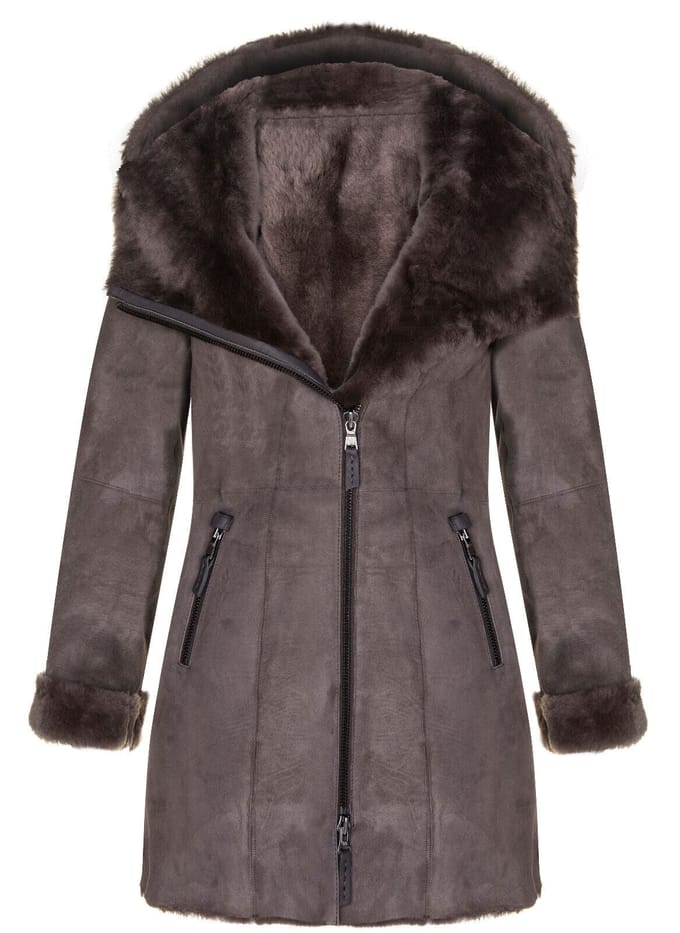 Dames merino schapenvacht jas met capuchon-antiek