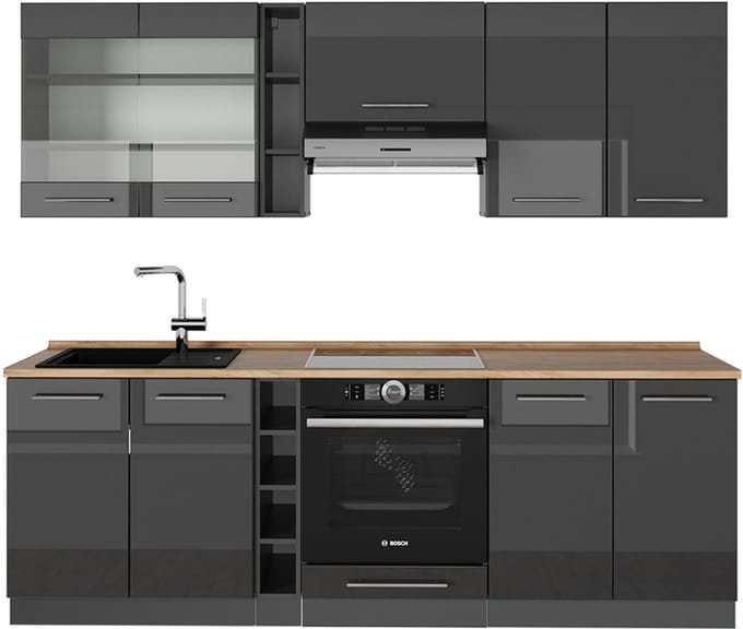 Vicco Fame-Line Complete keukeneenheid – 235 cm, WB Eik Antraciet Hoogglans