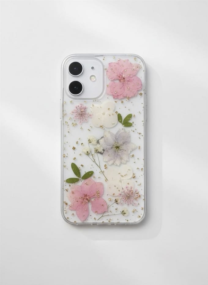 Iphone 14 telefoonhoesje met droogbloemen roze