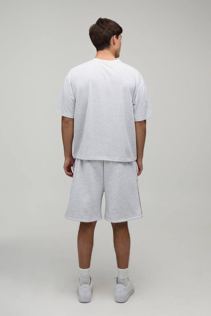 Oversized Boxy T-shirt & Baggy Short Set Met Contrasterende Biesjes | Grey Marl | Size Medium